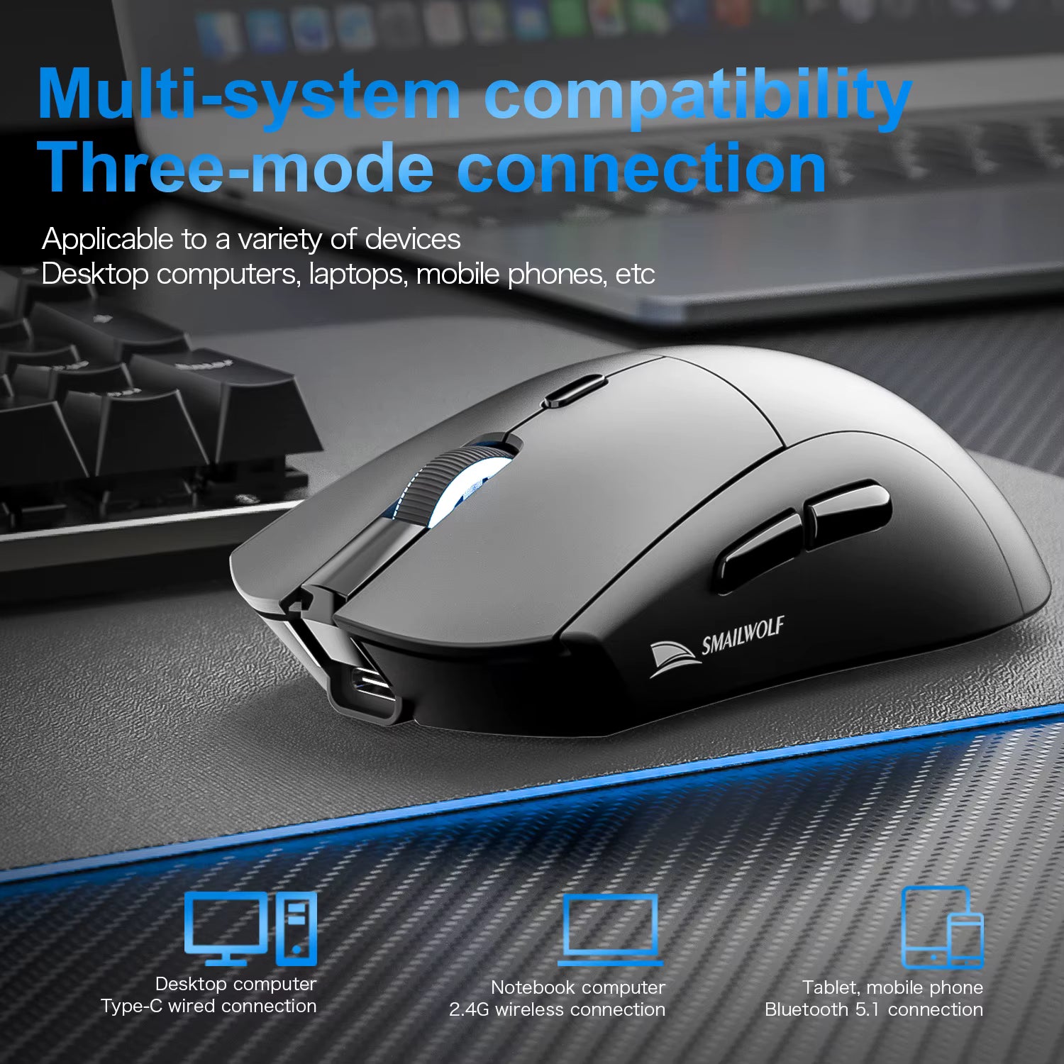SMAILWOLF RS7 Wireless Gaming Mouse – 3 Modes, Bluetooth, PAW3311, Suitable for Large Hands