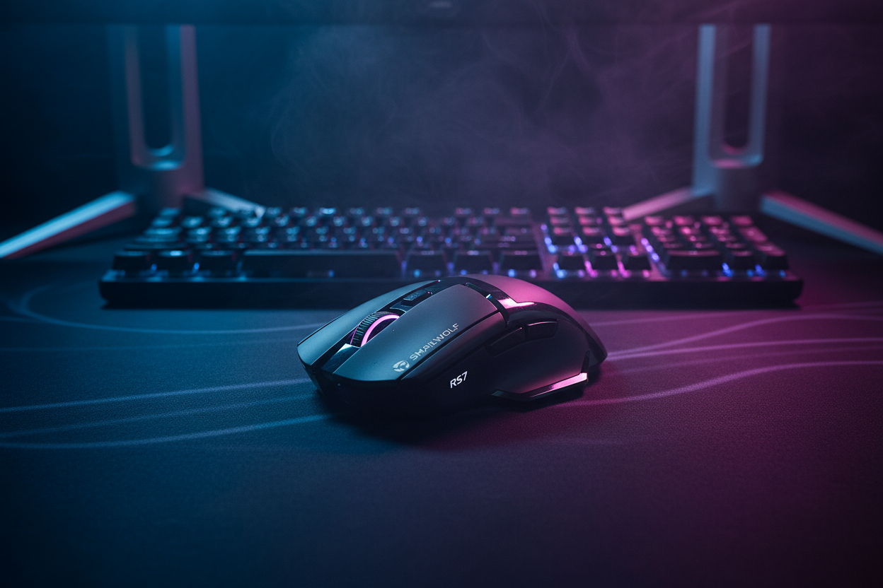 Mouse Gamer SMAILWOLF RS7 em setup gamer com iluminação RGB